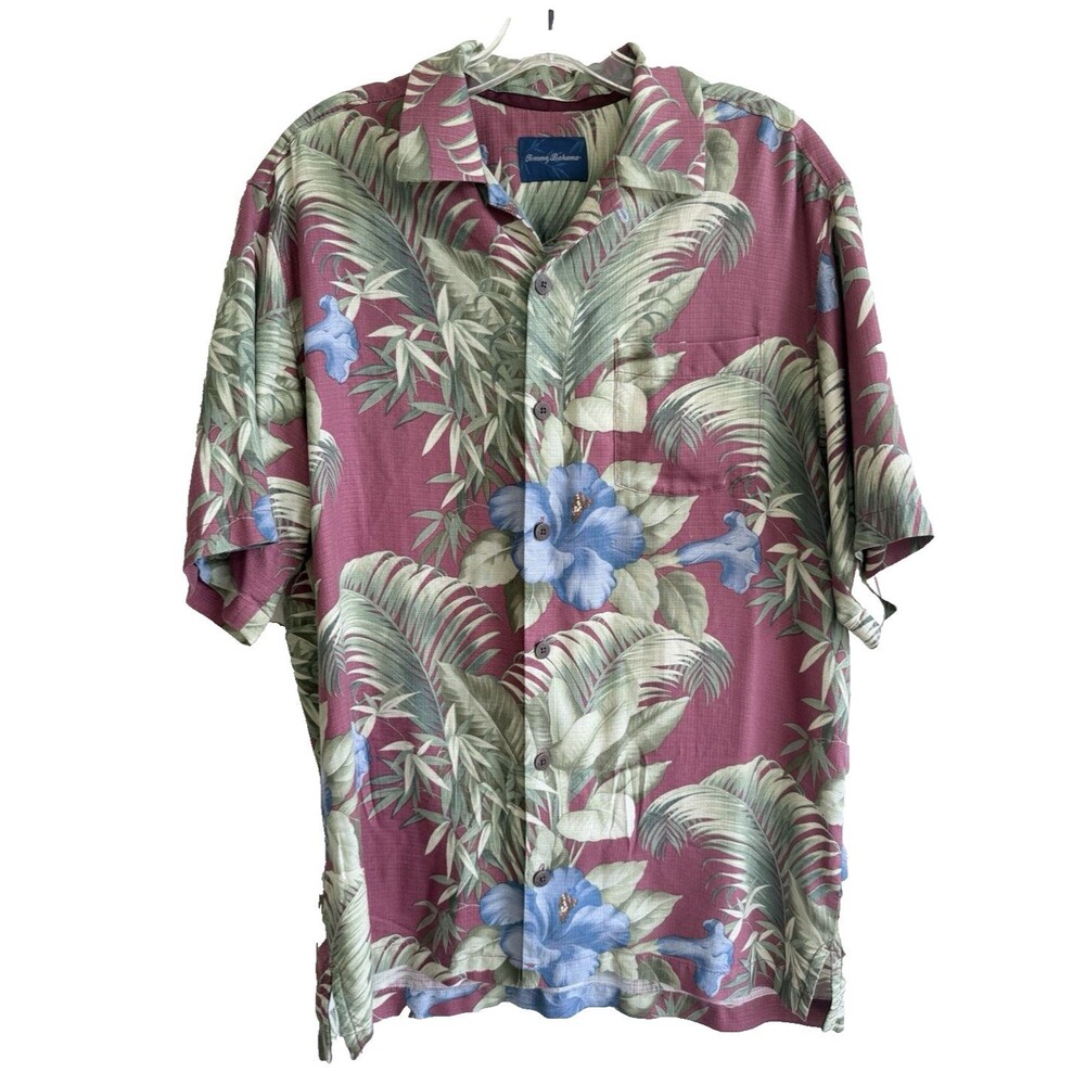 TOMMY BAHAMA Mens Silk Camp Shirt Red Floral Hawaiian Aloha with flaw Size S